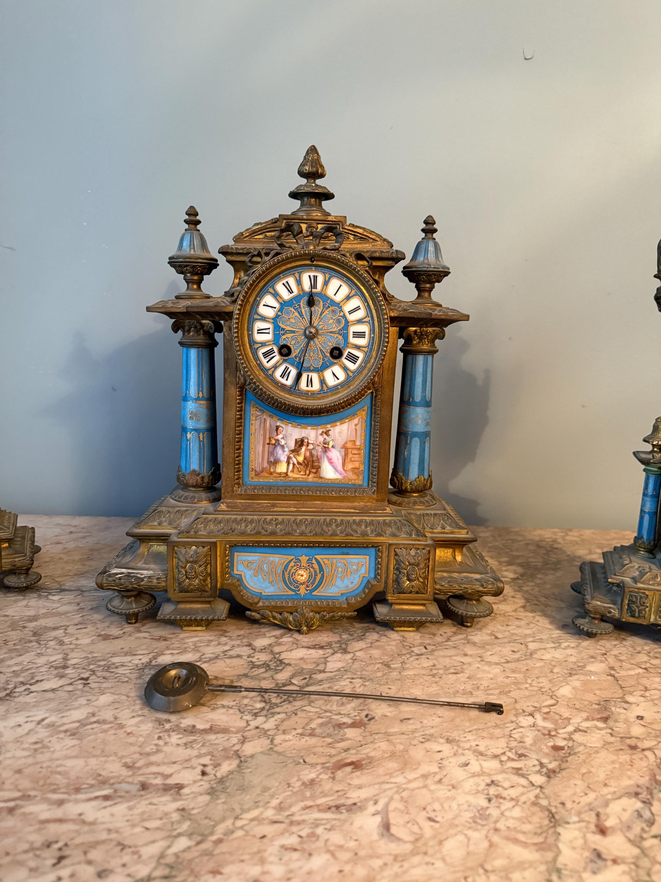 Exquisite Antique French Sevres Blue Porcelain Gilt Bronze Clock Set Late 19th Century 3 Piece Mantel Garniture Hand Painted Romantic Scenes