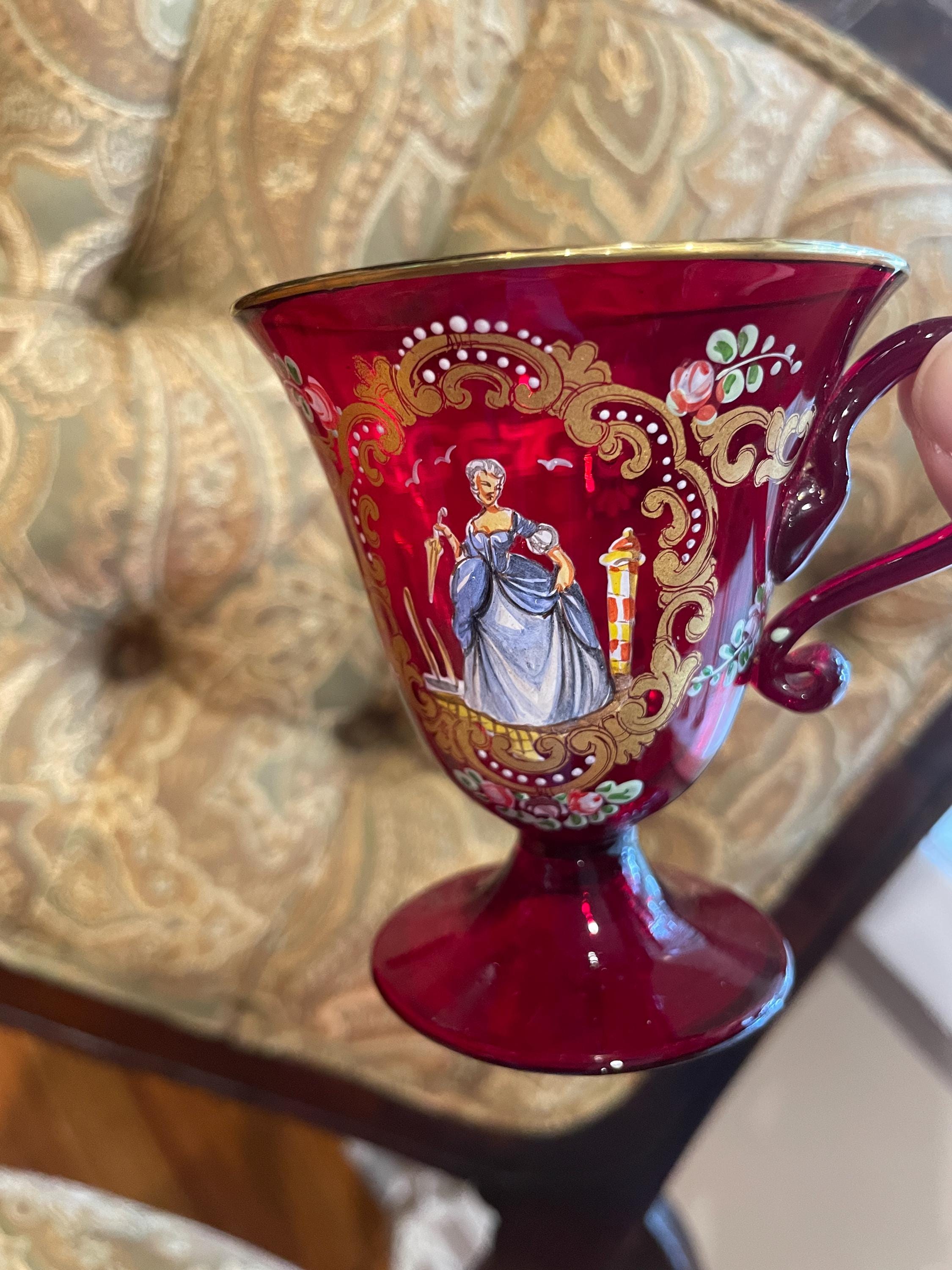 Bohemian Cranberry Glass Demitasse Cup Saucer Plate Set Gold Gilt Hand Painted Portrait Rococo Style Antique Display Tableware Décor