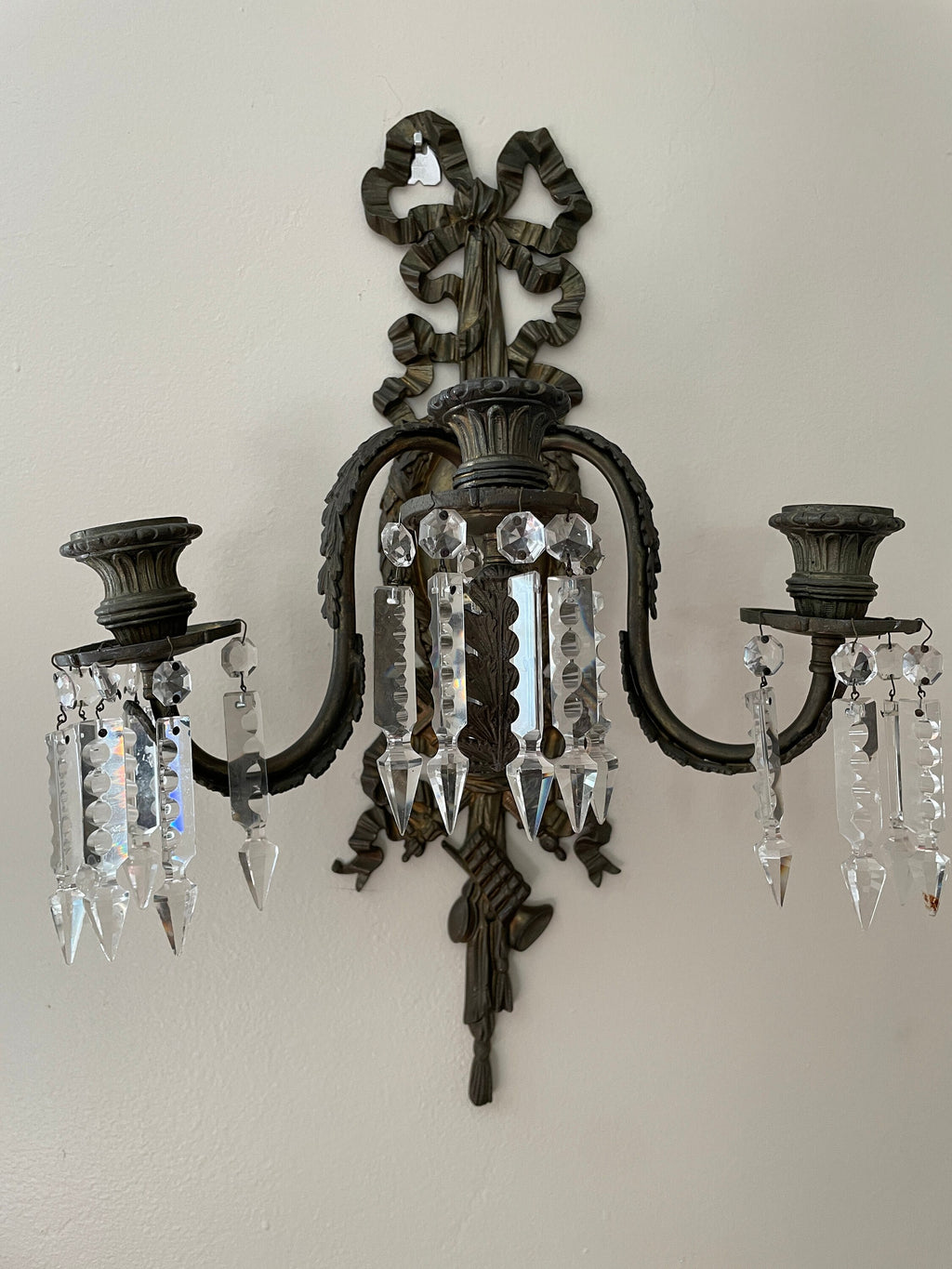 Pair of Antique 19th Century French Bronze Cut Crystal Prism 3 Arm Candlestick Wall Sconces Candelabra