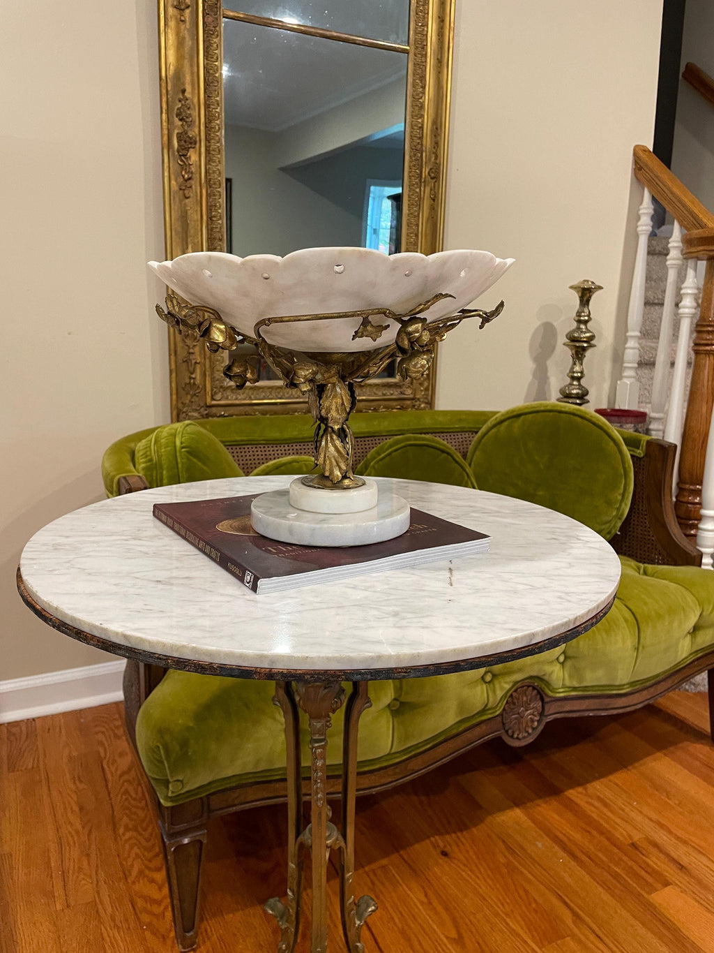 Antique White Marble Compote Centerpiece Pedestal Bowl Ornate Floral Gilt Brass Base French Victorian Table Decor Elegant Classic Accent