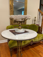 Antique White Marble Compote Centerpiece Pedestal Bowl Ornate Floral Gilt Brass Base French Victorian Table Decor Elegant Classic Accent
