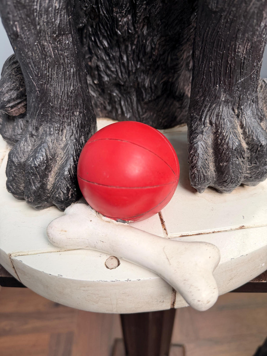 Vintage Black Labrador Dog Statue with Ball and Bone Resin Sculpture
