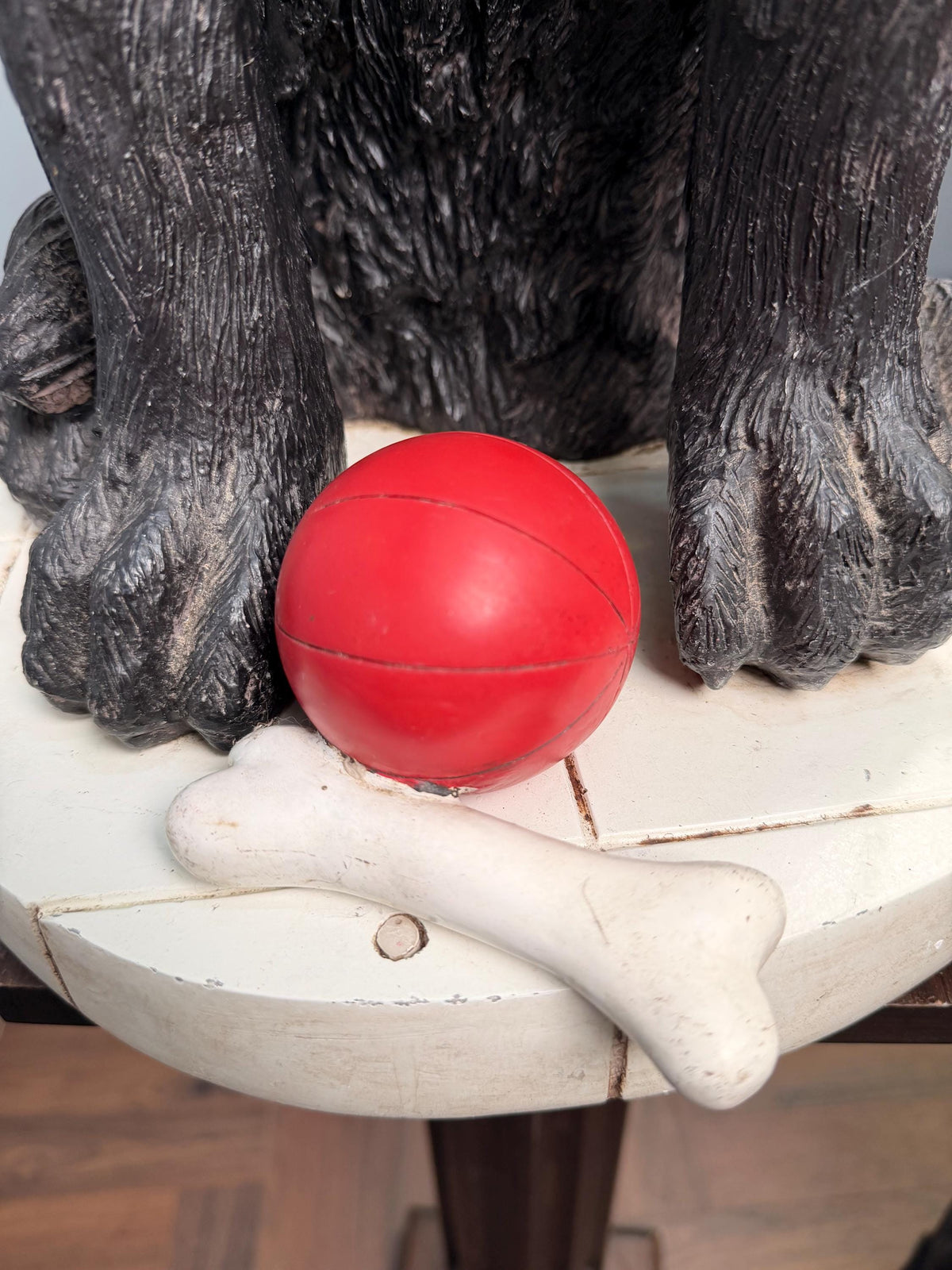 Vintage Black Labrador Dog Statue with Ball and Bone Resin Sculpture