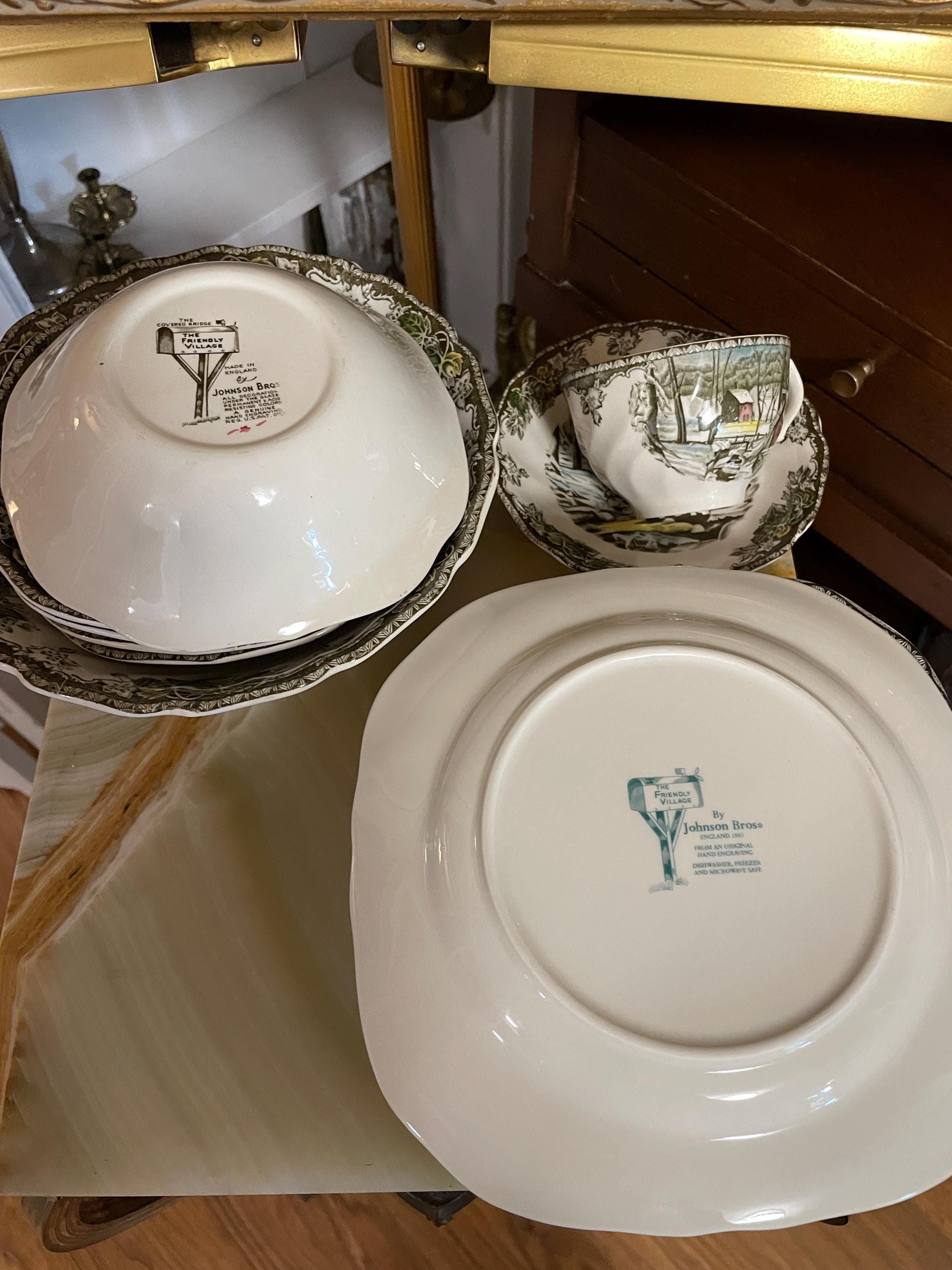 Vintage Johnson Bros Friendly Village China Set Winter Scene Transferware Holiday Tea Plates Bowls Cups Display Gift Cottage Kitchen
