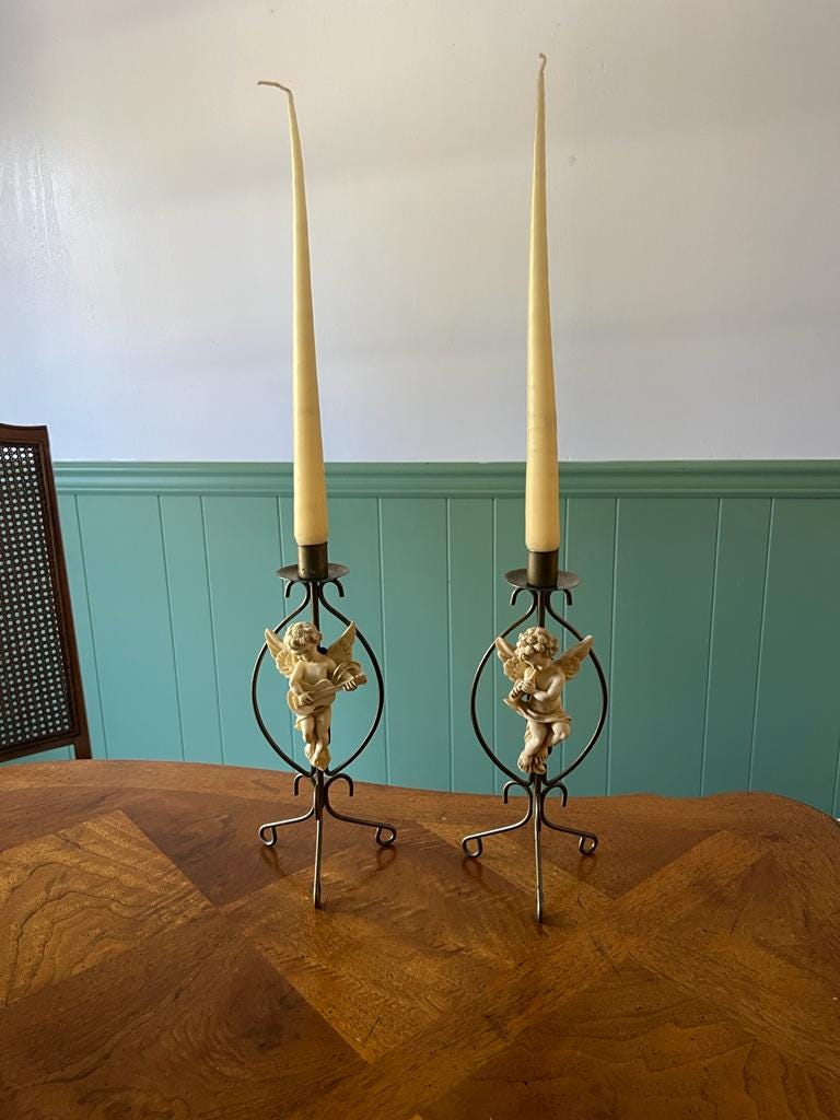 Pair of Vintage Metal Cherub Design Candlesticks Candleholder