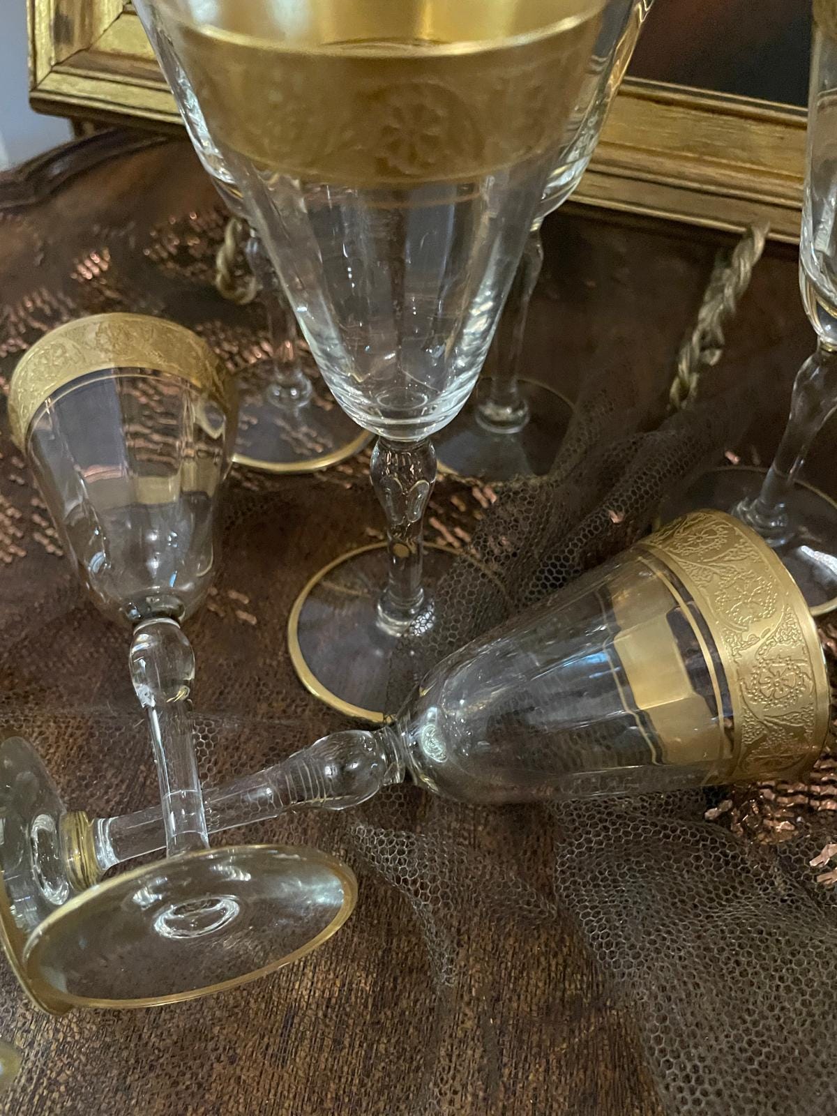 Vintage Gold Rimmed Glassware Set Crystal Dessert Plates Barware Tumblers Wine Glasses Cocktail Goblets Elegant Hollywood Regency Style