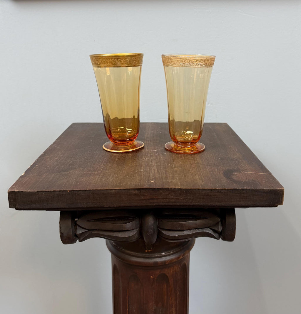 Vintage Amber Glass Tumblers Set of 7 Gold Rim Two Patterns Highball Glasses Mid Century Barware Honey Gold Drinkware