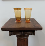 Vintage Amber Glass Tumblers Set of 7 Gold Rim Two Patterns Highball Glasses Mid Century Barware Honey Gold Drinkware