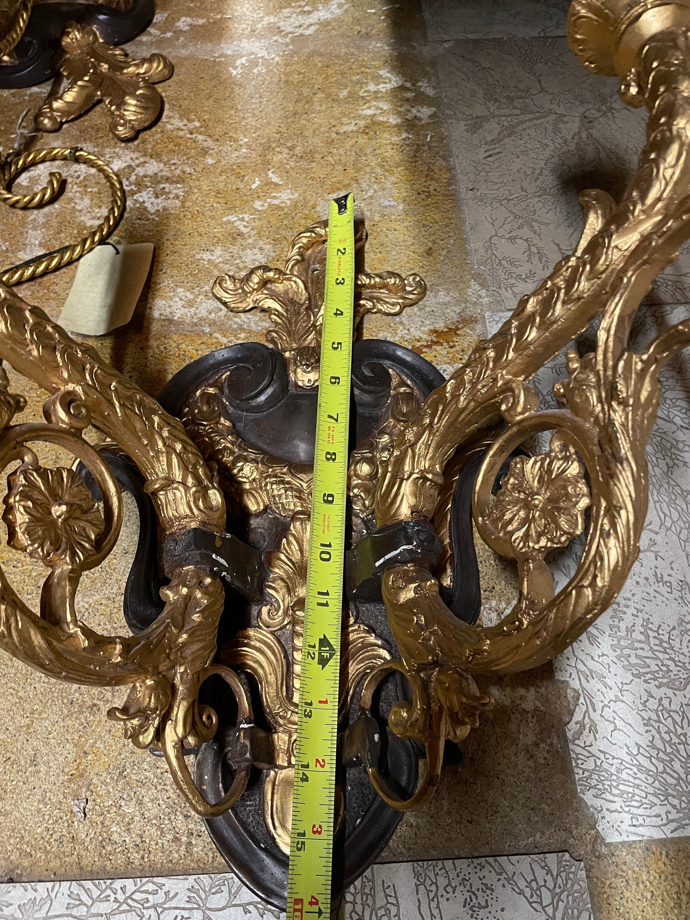 Pair of Vintage Heavy Gold Cast Iron Candlestick  Wall Sconces