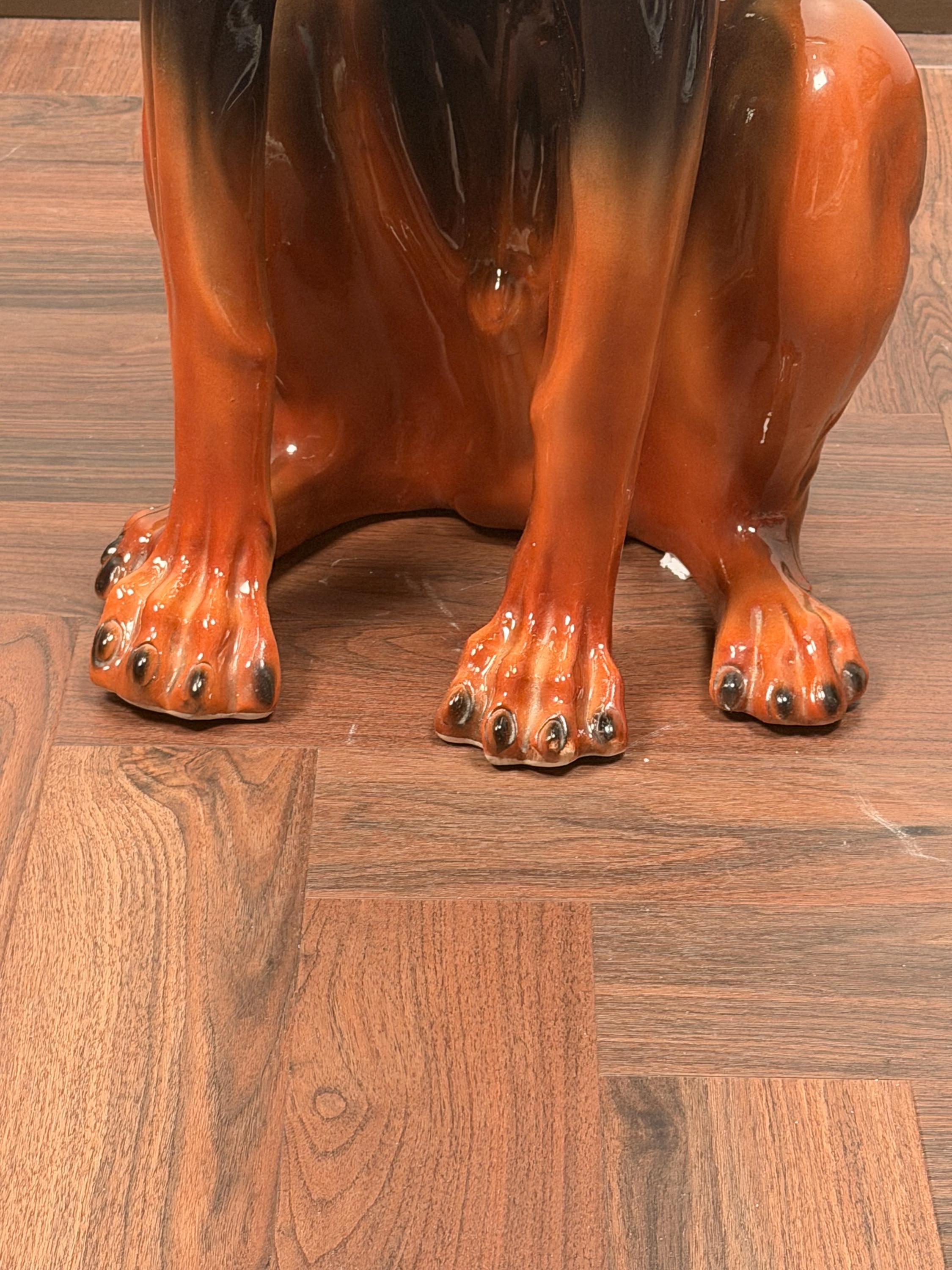 Large Vintage Ceramic Doberman Dog Statue, Black Brown Glazed Figurine, Mid-Century Guard Dog Decor 36.5" x 14"