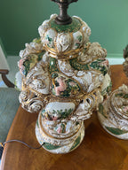 Pair Of Italian Baroque Style Cherub Porcelain Lamps Hand Painted Gilded Rococo Design Signed Brunocrafts Table Lighting Accent Decoration