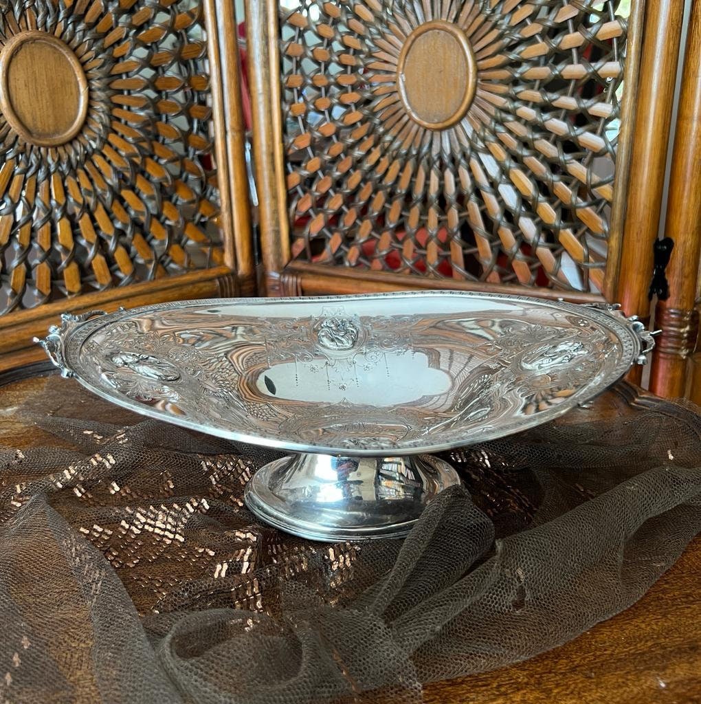 Antique Silverplate Footed Centerpiece Bowl Victorian Embossed Lion Head Decorative Dish Table Display Ornate Classical Revival Style