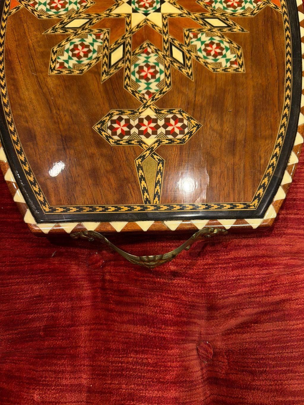 Vintage Inlaid Wood Tray: Damascus Geometric Star Mosaic Wall Hanging