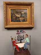 Vintage Hand-Painted Metal Judaica Folk Art Sculpture – Menorah Celebration Couple Table Scene