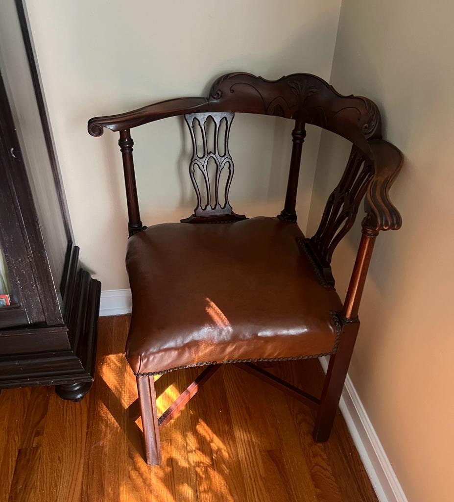 Vintage Corner Chair Mahogany Frame Brown Leather Seat Carved Back Elegant Accent Seating Classic Design Timeless Antique Home Decor Piece