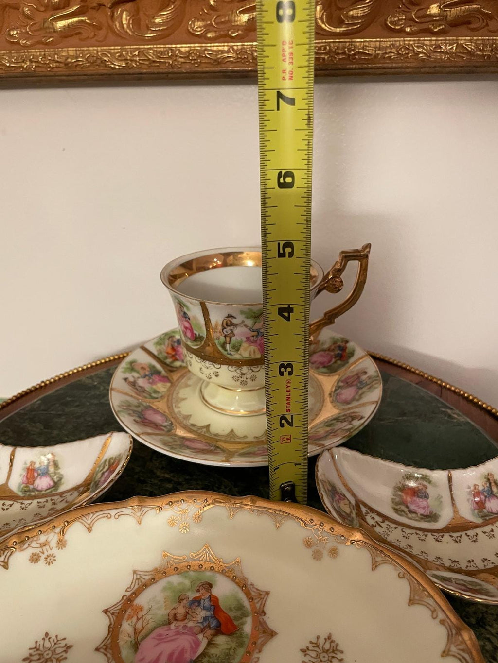 Vintage German Porcelain Tea Snack Set Romantic Courting Scene Gold Trim Hand Painted Cup Tray Bowls Collectible Rococo Style Display Piece