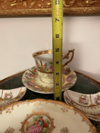 Vintage German Porcelain Tea Snack Set Romantic Courting Scene Gold Trim Hand Painted Cup Tray Bowls Collectible Rococo Style Display Piece