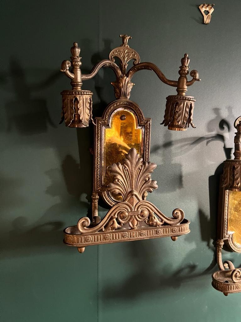 Antique Art Deco Bronze Wall Sconce Pair Leaf Motif Beveled Mirror Electric Light Fixture Ornate Gothic Revival Style Architectural Salvage