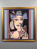 Cubist Silk Artwork Framed Under Glass – Signed Picasso Style Portrait in Gold Frame 36"36"