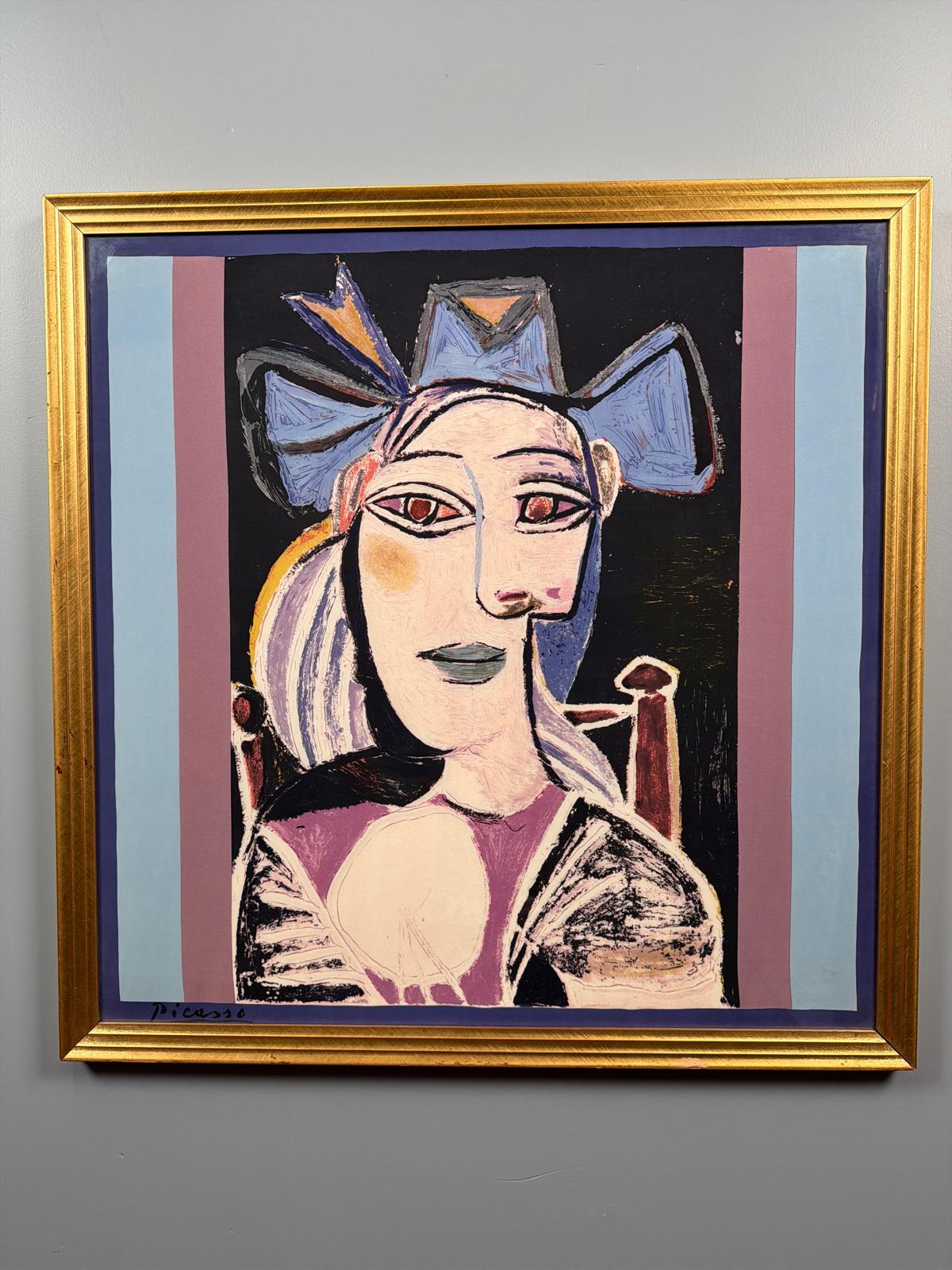 Cubist Silk Artwork Framed Under Glass – Signed Picasso Style Portrait in Gold Frame 36"36"