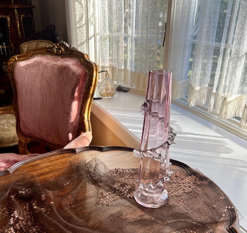 Tall Light Purple Twisted Glass Vase Unique Art Glass Centerpiece Elegant Ruffled Rim Sculptural Design Home Decor Flower Holder Collectible