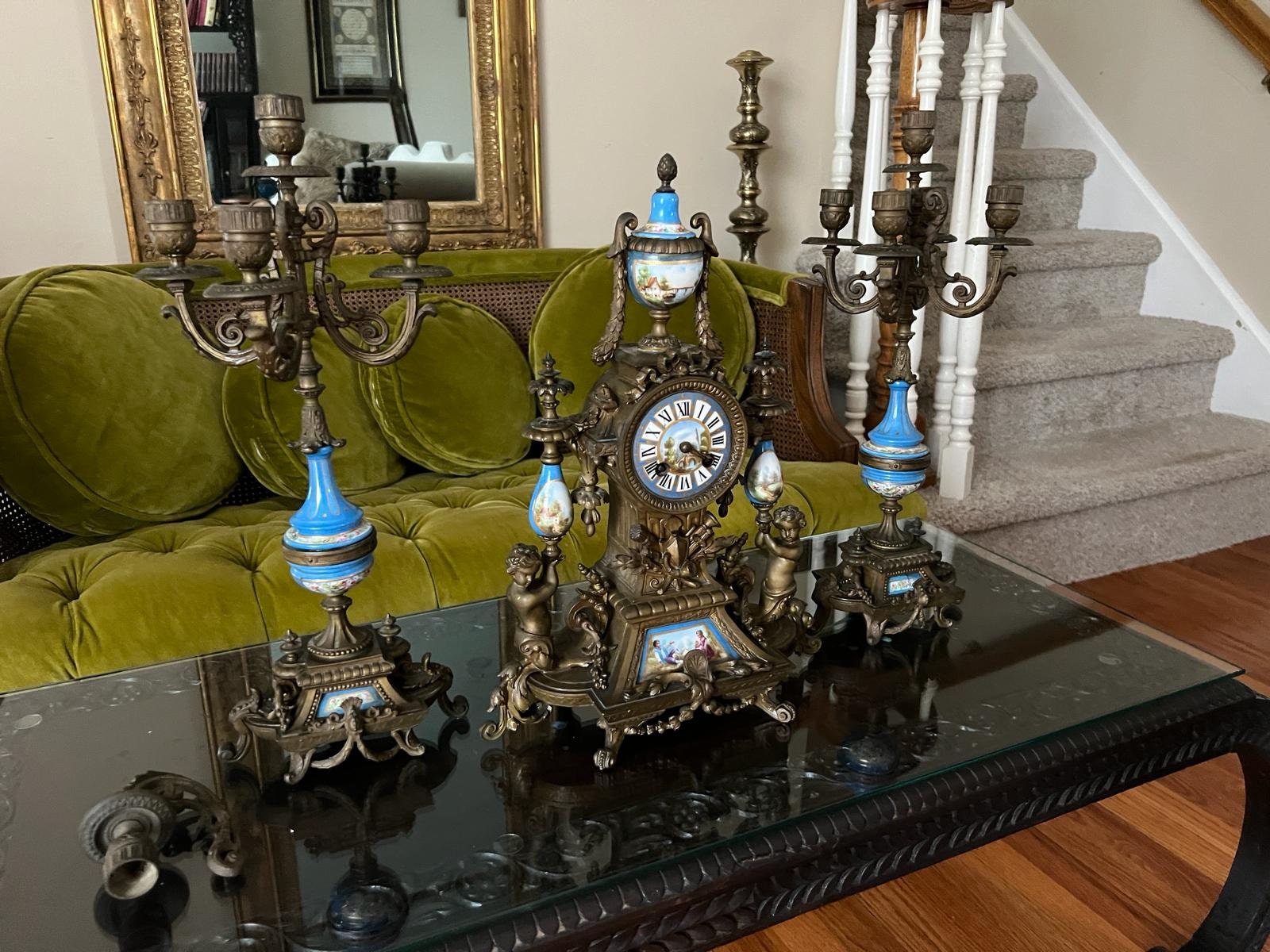 Antique French Sevres Style Clock Set Bronze Blue Porcelain Candelabra Mantel Decor Elegant Rococo Design Home Accent Collectible Piece