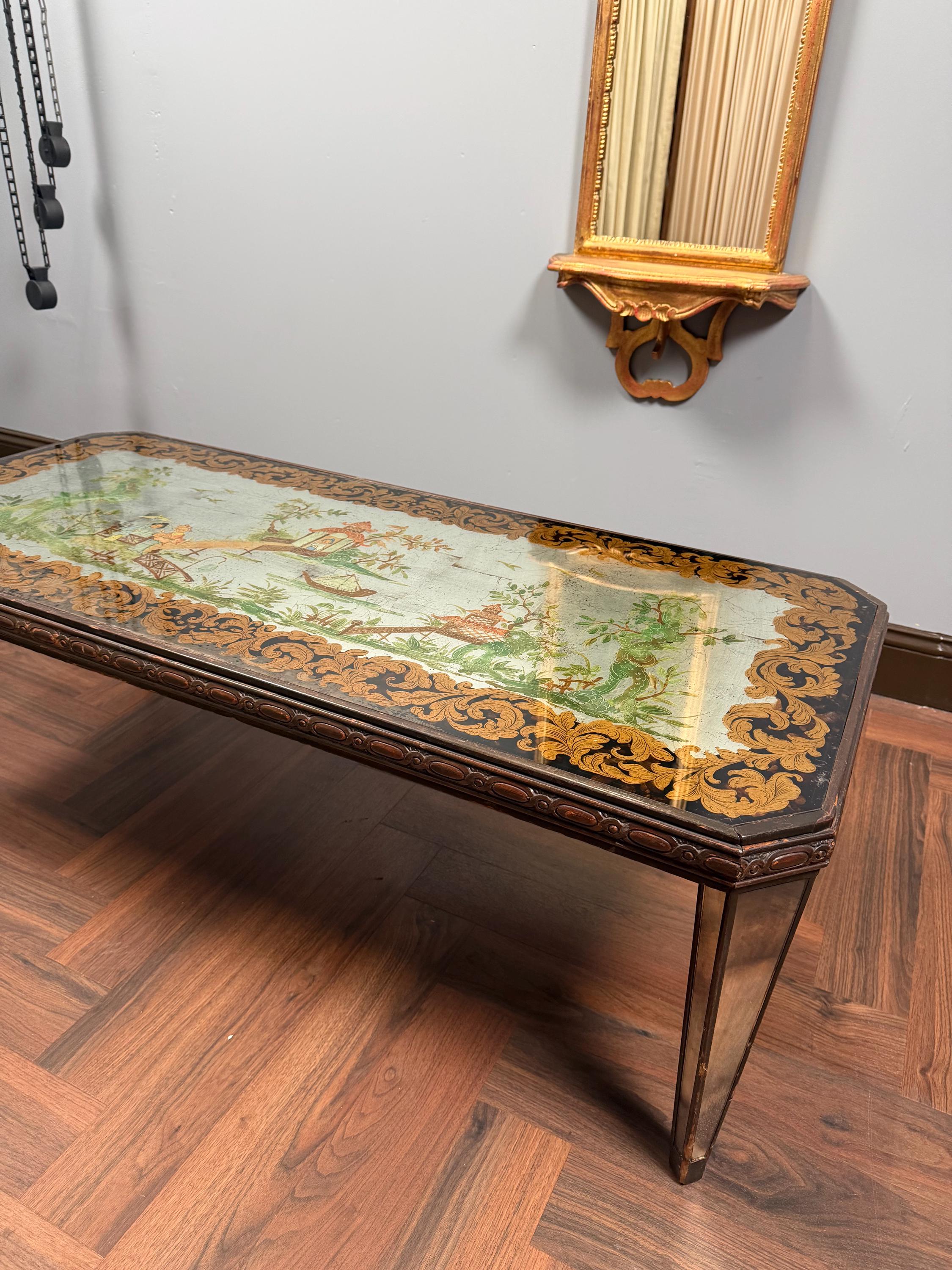 Vintage Italian Chinoiserie Coffee Table, Hand Painted Asian Scenic Glass Top