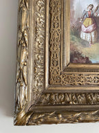 Antique Hand-Painted Romantic Scene Ornate Gold Gilt Frame 19th Century Wall Art Original Artwork Antique European Style Collectible Art