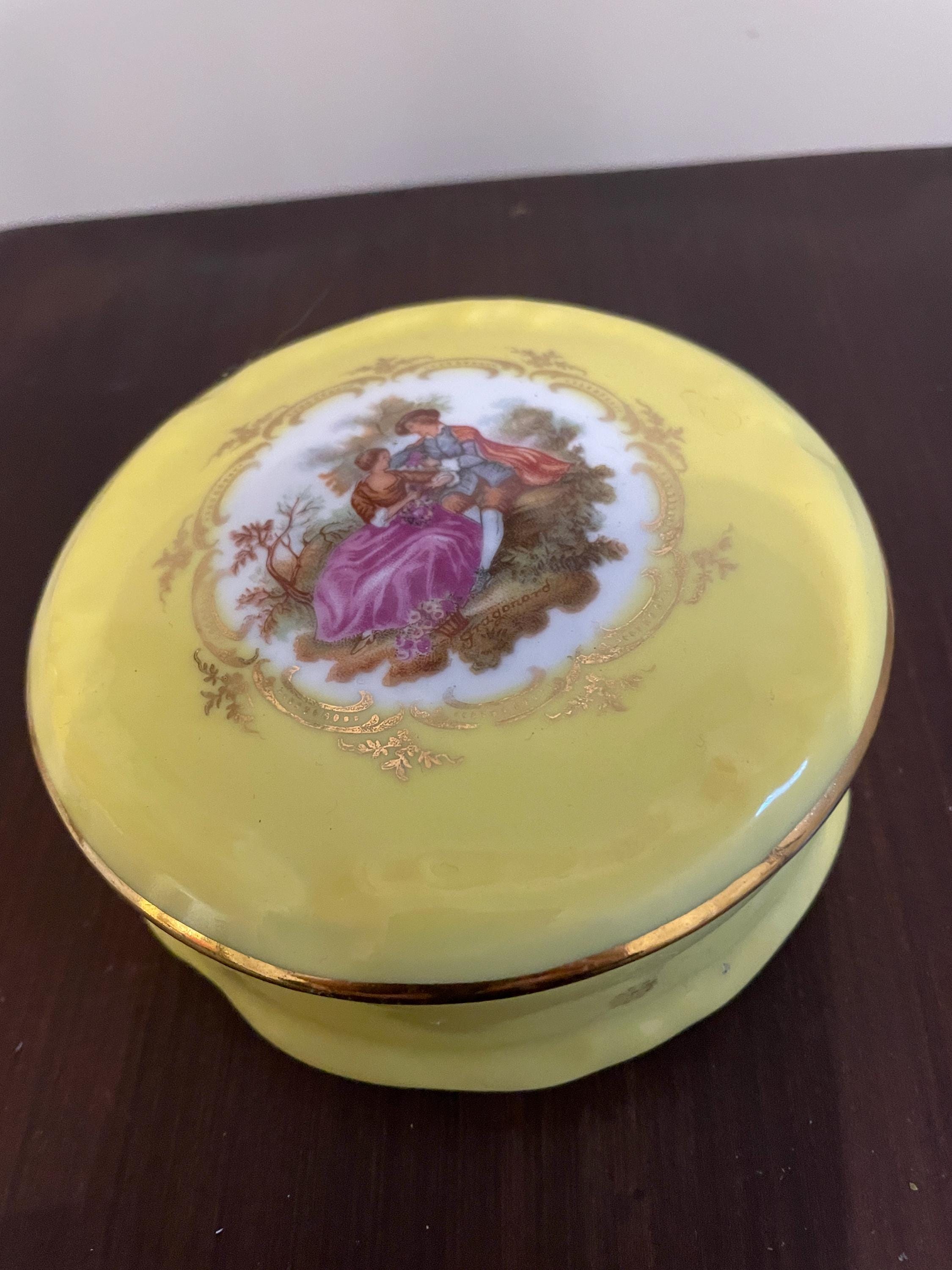 Vintage Yellow Porcelain Jewelry Box Gold Accent Romantic Scene Limoges Collectible Decorative Keepsake Organizer Home Decor Gold Vanity Box