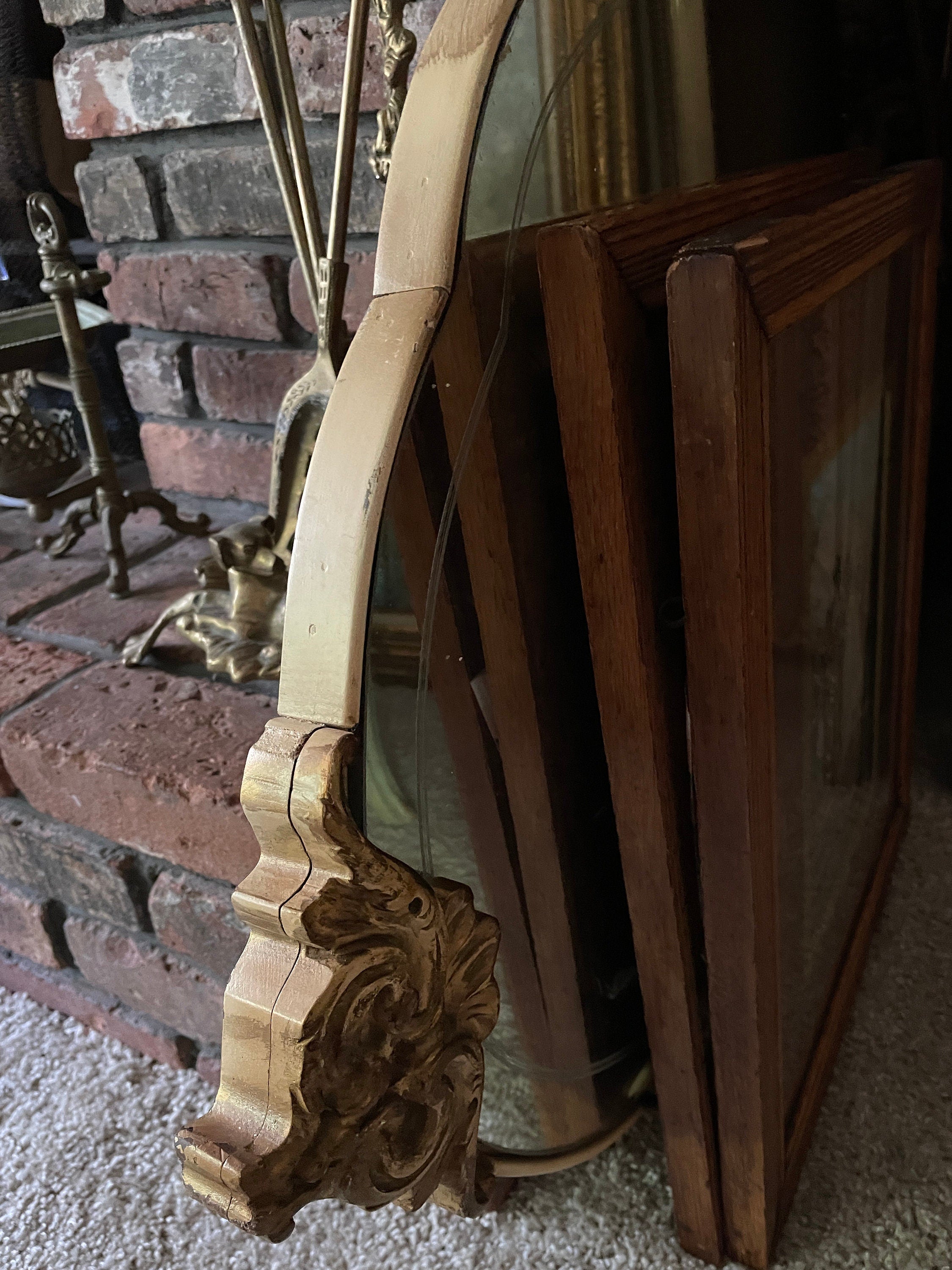 Antique Rococo Mirror Gold Gilt Shield Shape Ornate Carved Frame Beveled Glass Floral Detail Wall Decor French Vintage Statement Piece