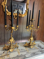 Pair of Empire 5 Light Brass Gold Black Candelabra Unique Sphinx Design Candlesticks Candleholer