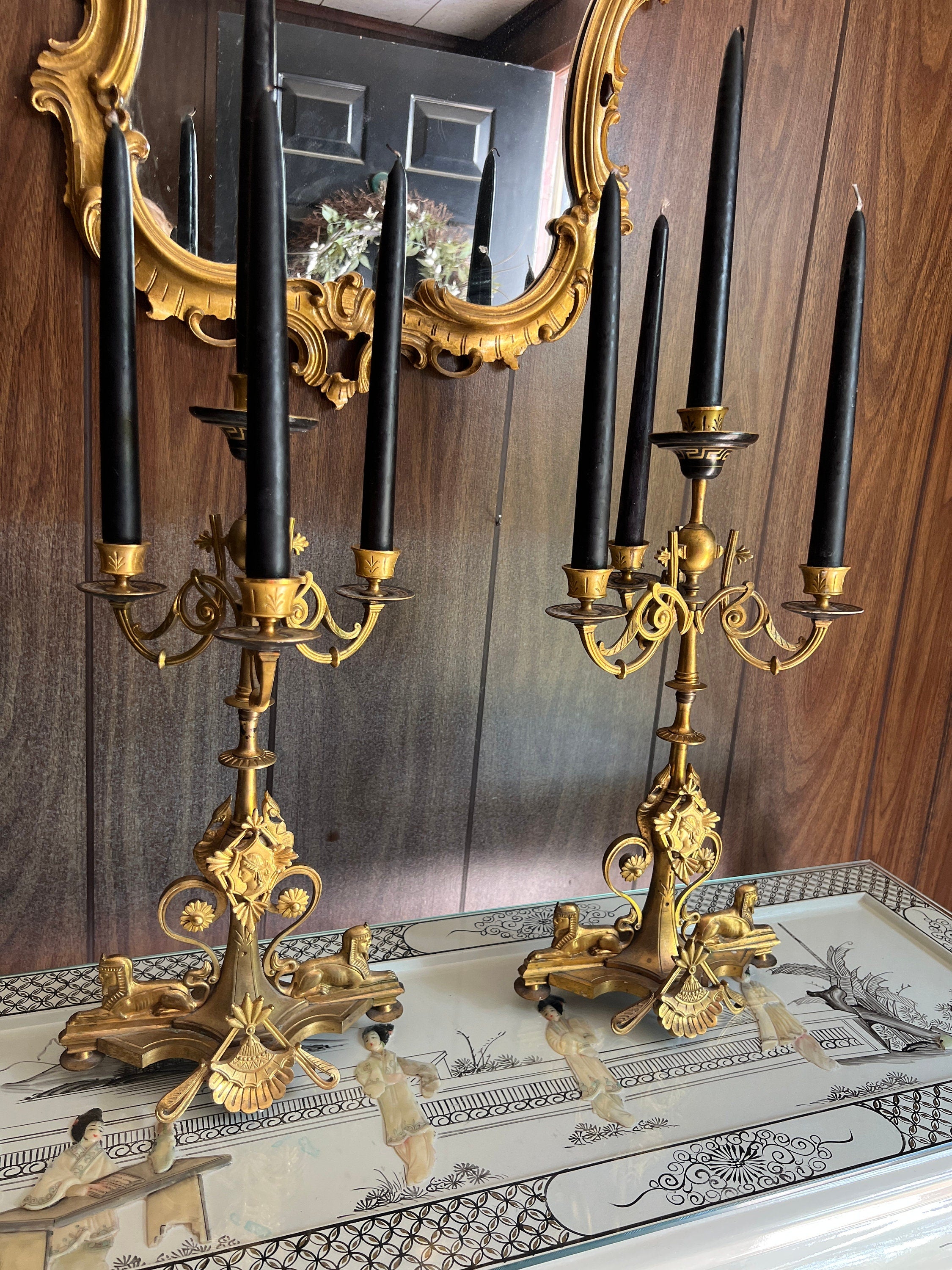 Pair of Empire 5 Light Brass Gold Black Candelabra Unique Sphinx Design Candlesticks Candleholer