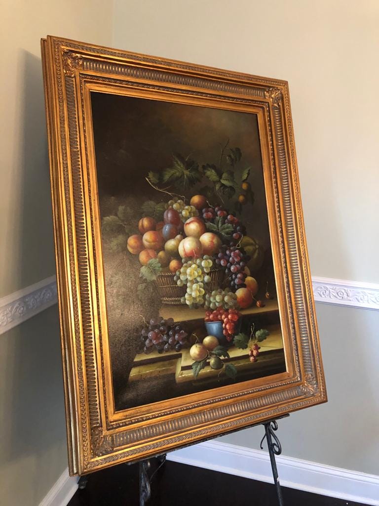 Vintage Gold Wood Framed Fruit Still Life Oil Canvas Painting Wall Art.Home Decoration Wall Art