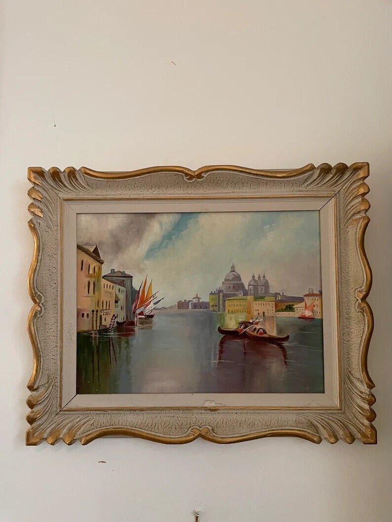 Vintage Gondola Venice Painting Ornate Frame Wall Art European Canal Scene Handmade Oil Artwork Classical Home Decoration Unique Piece