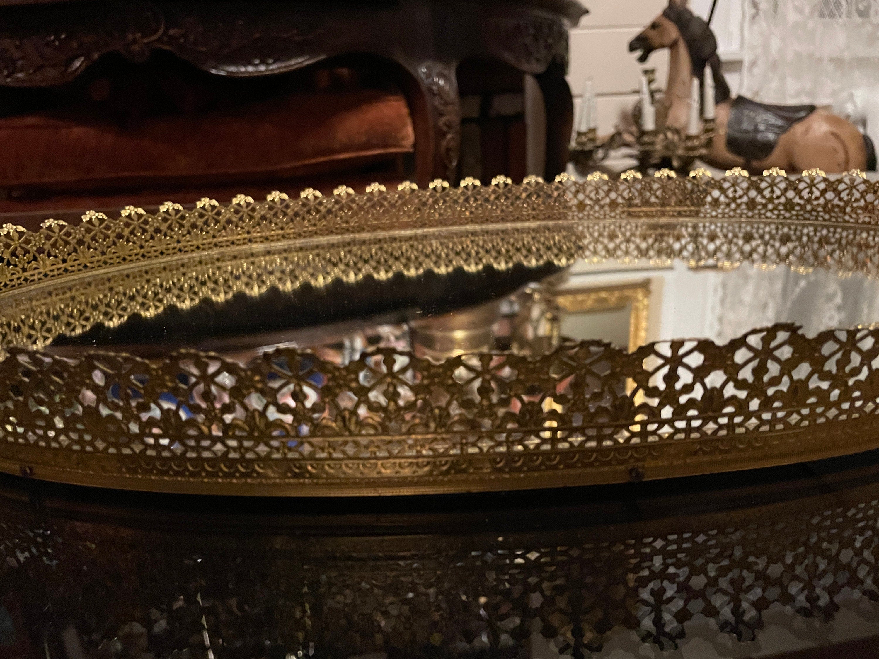 Vintage French Style Ornate Oval Vanity Tray Gold Filigree Mirrored Centerpiece Elegant Hollywood Regency Accent Dresser Display Decoration