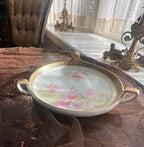 R S Germany Stamped Antique Hand Painted Radish Dish Pink Floral Plate Gold Rim Open Handles Vintage Porcelain French Style Collectible
