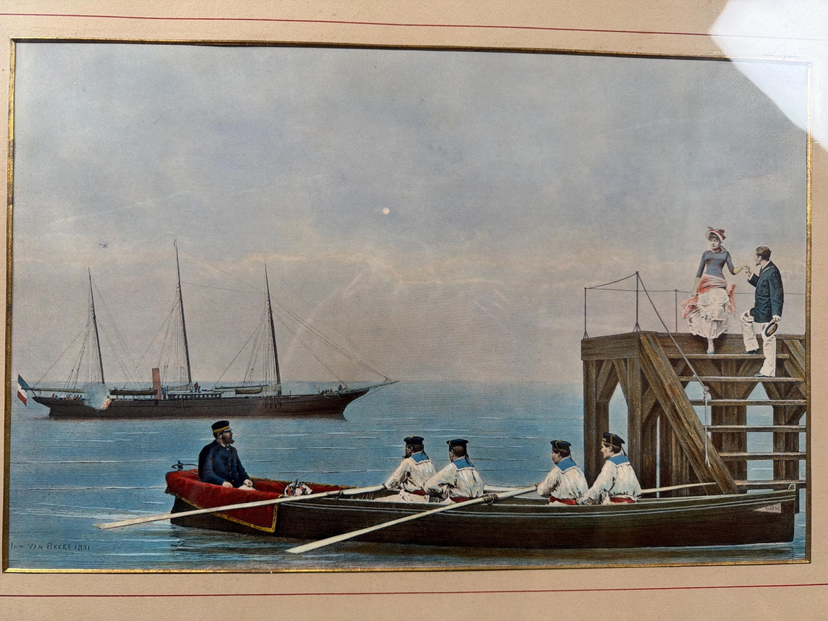 Romantic 19th Century French Maritime Scene Hand-Colored Lithograph After Jan van Beers, 1881, Vintage Frame Art