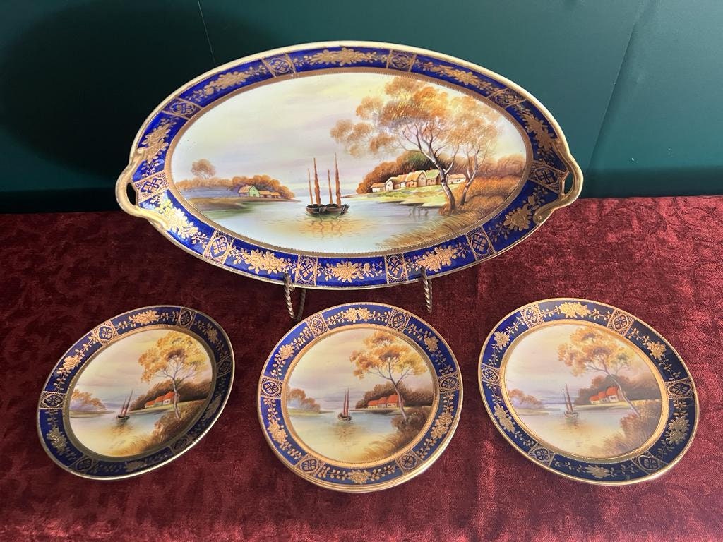 Vintage Japan Porcelain Plate Set Cobalt Blue Gold Trim Scenic Lake Village Landscape Hand Painted Display Art Decor Collectible Elegant
