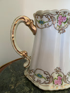Antique Victorian Floral Hand Painted Porcelain  Pitcher Gold Gilt