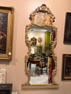 Large French Rococo Gilt Wall Mirror, Figural Print, Baroque Revival Style with Marble Stand
