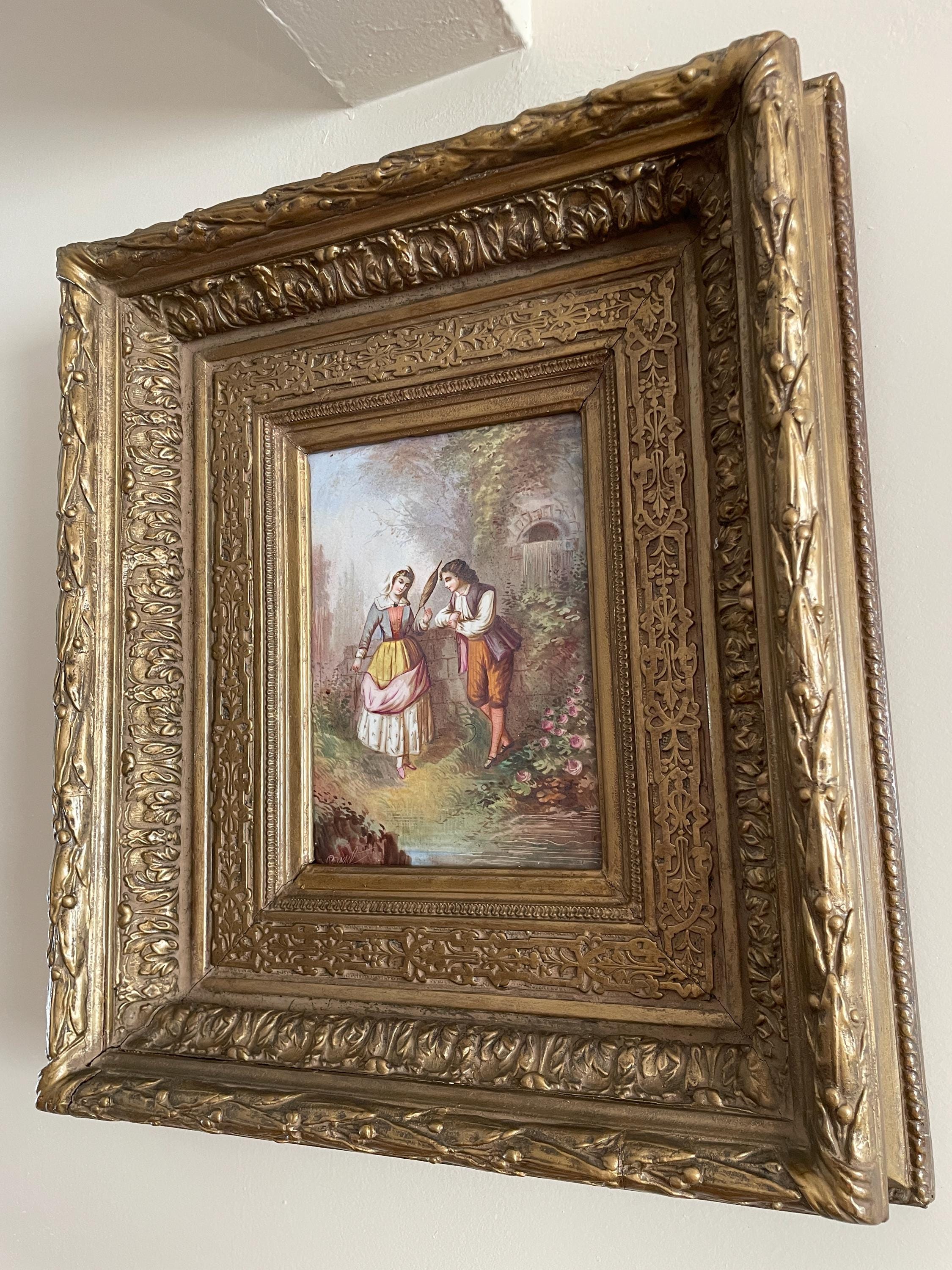 Antique Hand-Painted Romantic Scene Ornate Gold Gilt Frame 19th Century Wall Art Original Artwork Antique European Style Collectible Art