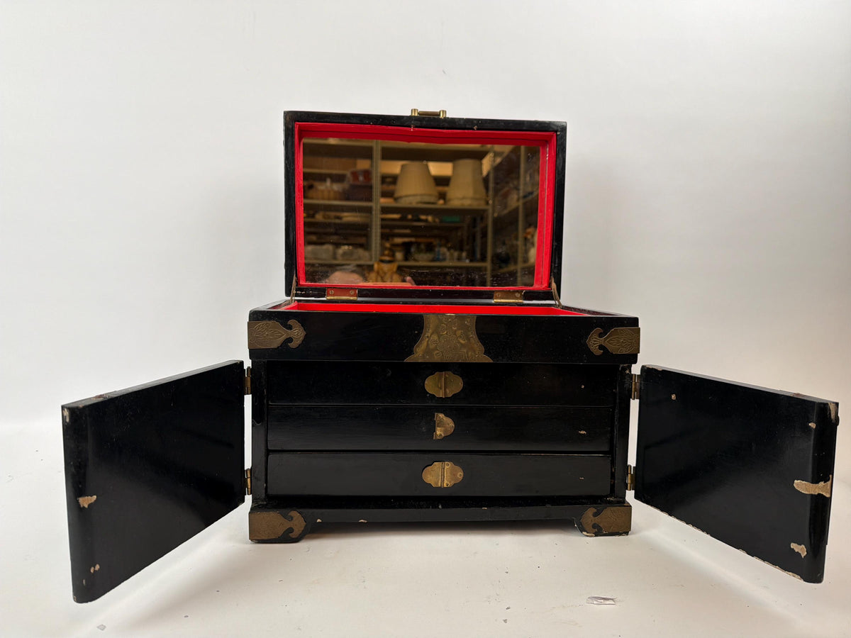 Antique Chinese Black Lacquer Jewelry Chest, Hand-Painted Figures, Engraved Brass Hardware, c.1900