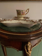 Vintage German Porcelain Tea Snack Set Romantic Courting Scene Gold Trim Hand Painted Cup Tray Bowls Collectible Rococo Style Display Piece