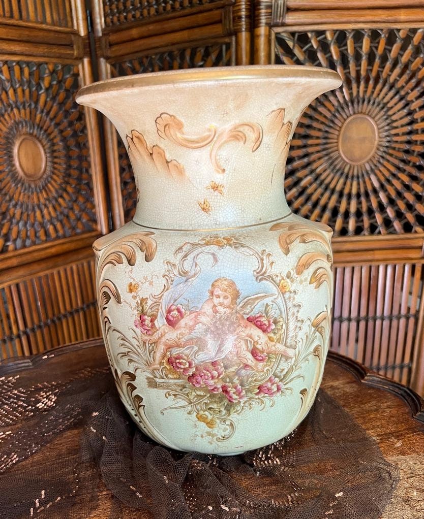 Large Vintage Rococo Vase Cherub Motif Floral Design Ornate Porcelain Gold Accents Decorative Angel Baroque French Style Romantic Chic