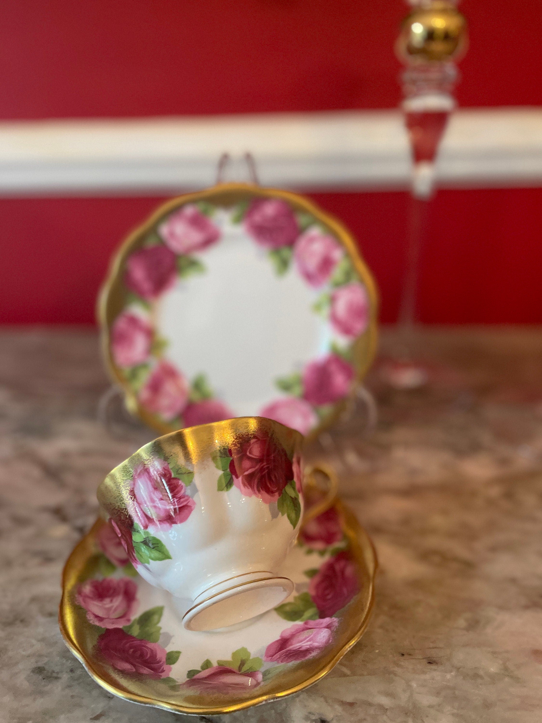 Vintage Set of 4 Royal Albert Gold Pink Floral Design Cups Saucers Dessert Plates.Made in England