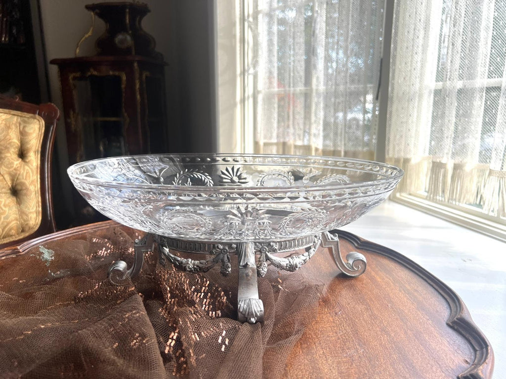 Antique Crystal Oval Bowl on Silverplate Footed Stand Cut Glass Fruit Dish Decorative Centerpiece Floral Garland Neoclassical Elegant Style