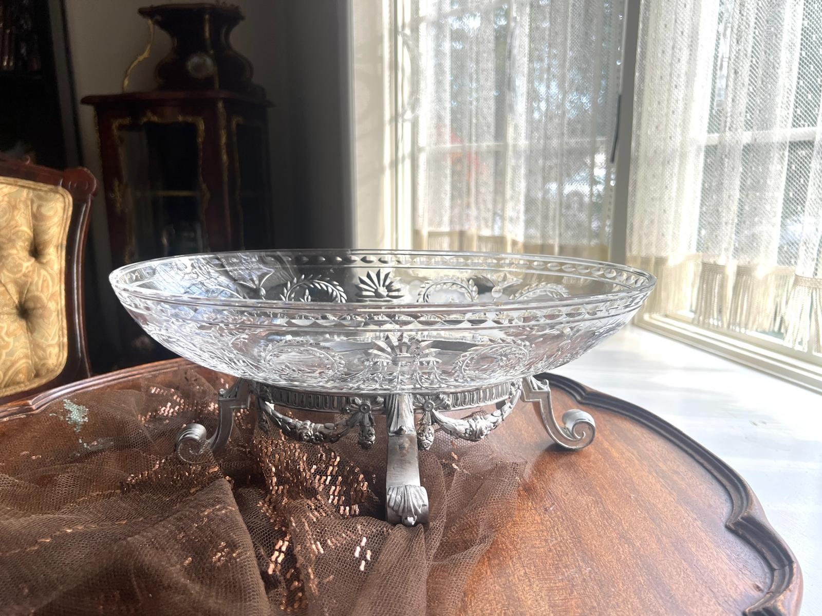 Antique Crystal Oval Bowl on Silverplate Footed Stand Cut Glass Fruit Dish Decorative Centerpiece Floral Garland Neoclassical Elegant Style