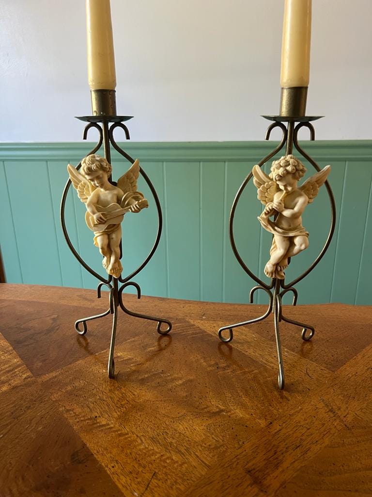 Pair of Vintage Metal Cherub Design Candlesticks Candleholder