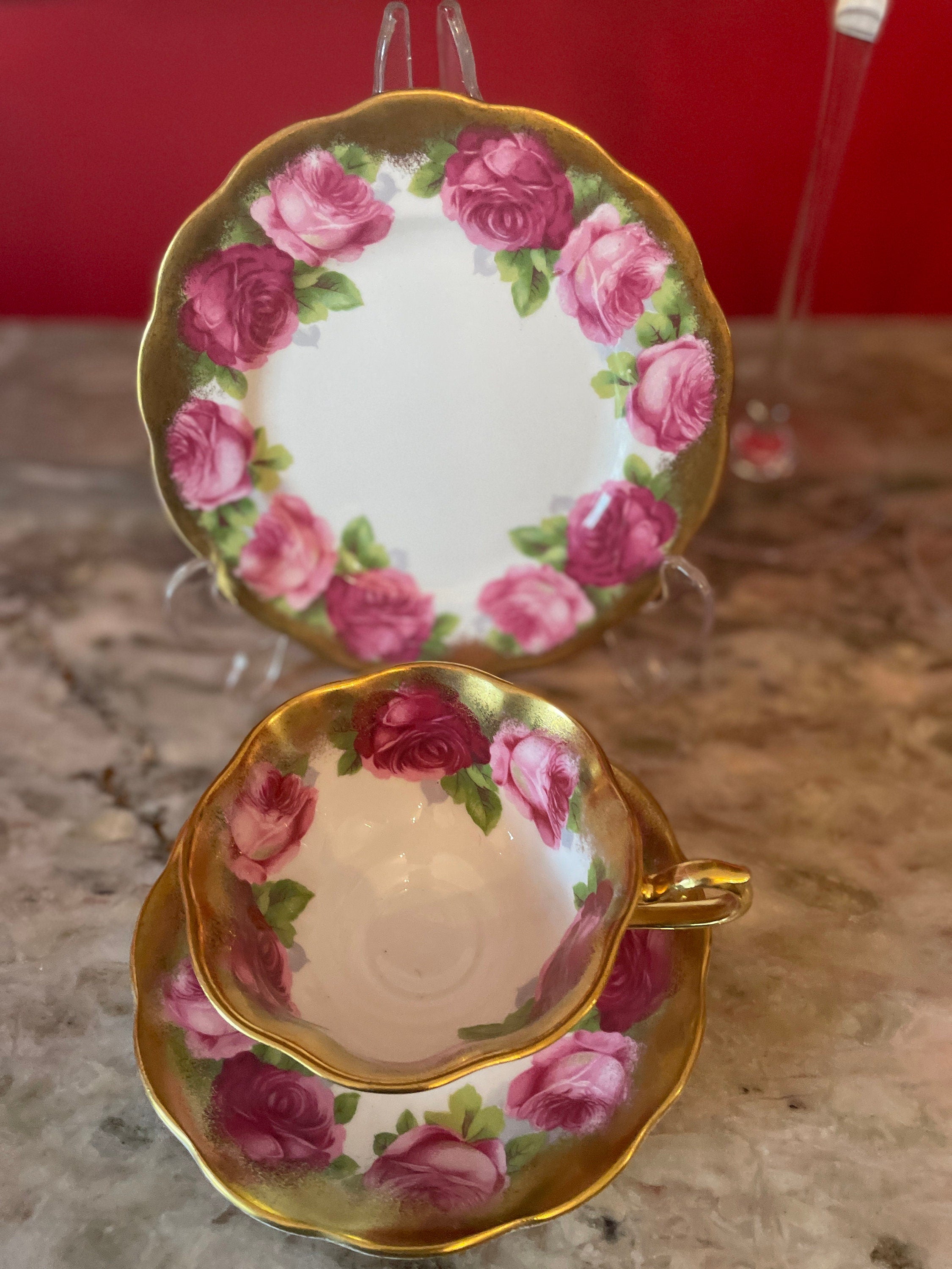 Vintage Set of 4 Royal Albert Gold Pink Floral Design Cups Saucers Dessert Plates.Made in England