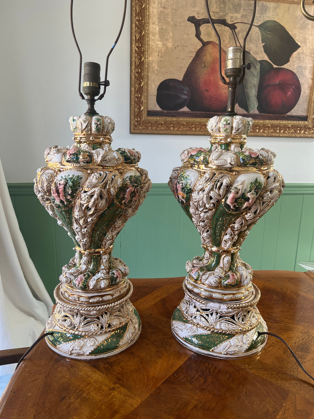 Pair Of Italian Baroque Style Cherub Porcelain Lamps Hand Painted Gilded Rococo Design Signed Brunocrafts Table Lighting Accent Decoration